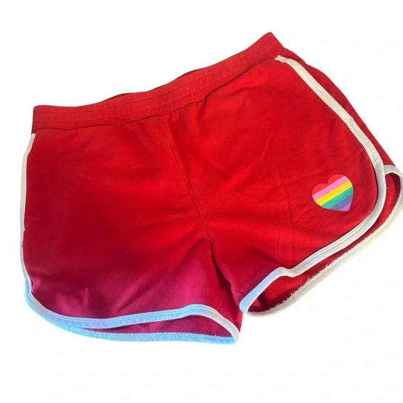 Red Women’s Athletic Shorts with Rainbow Heart Detail - Picture 2 of 4